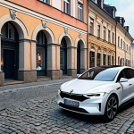 **A modern Polish cityscape with subtle AI enhancements: self-driving electric cars navigating cobblestone streets, drone delivery services, and holographic projections displaying real-time data. The image should evoke a sense of technological integration within a historic European urban setting.**