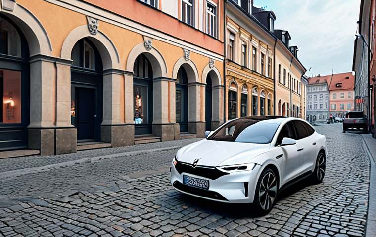 **A modern Polish cityscape with subtle AI enhancements: self-driving electric cars navigating cobblestone streets, drone delivery services, and holographic projections displaying real-time data. The image should evoke a sense of technological integration within a historic European urban setting.**